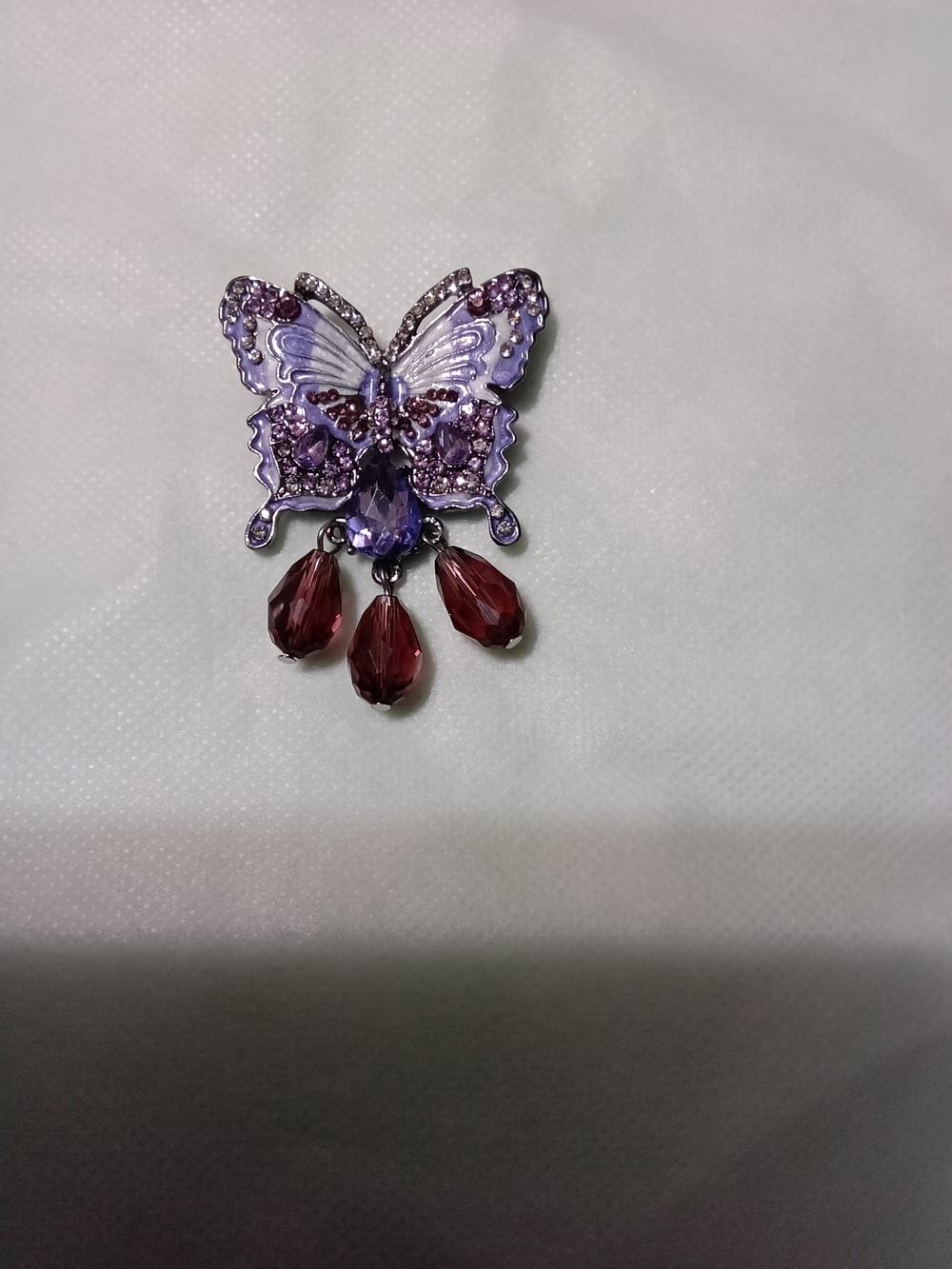 Purple Butterfly Crystal Brooch with Burgundy Drops